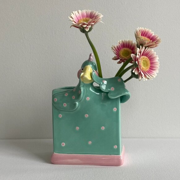 Fitz and Floyd Fantasy Fair 1985 Dora Duck Green W/Pink Dots Pen Holder - Vase - Picture 1 of 10